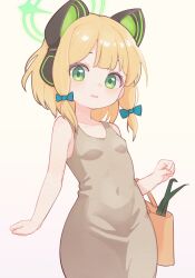 Rule 34 | 1girl, absurdres, animal ear headphones, animal ears, blonde hair, blue archive, blue bow, bow, breasts, brown dress, commentary, covered navel, cowboy shot, dress, english commentary, fake animal ears, green eyes, green halo, hair bow, halo, headphones, highres, lk149, looking at viewer, midori (blue archive), open mouth, short hair, simple background, sleeveless, sleeveless dress, small breasts, smile, solo, white background