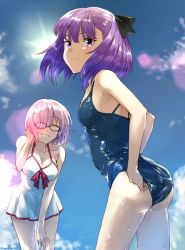 Rule 34 | 2girls, adjusting clothes, adjusting swimsuit, bare shoulders, blush, breasts, cleavage, closed eyes, fate/grand order, fate (series), glasses, hair over one eye, helena blavatsky (fate), lens flare, looking at viewer, mash kyrielight, mash kyrielight (swimsuit of perpetual summer), multiple girls, official alternate costume, one-piece swimsuit, purple eyes, purple hair, school swimsuit, short hair, small breasts, smile, somechime (sometime1209), sun, swimsuit, wet, wet clothes, white one-piece swimsuit