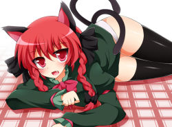 Rule 34 | 1girl, animal ears, black thighhighs, blush, bow, braid, cat ears, cat girl, cat tail, creta (taku10), fang, female focus, hair bow, kaenbyou rin, multiple tails, no pants, open mouth, panties, red eyes, red hair, short hair, smile, solo, tail, thighhighs, touhou, twin braids, underwear