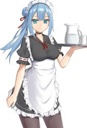 Rule 34 | 1girl, apron, black dress, black pantyhose, blue eyes, blue hair, blush, breasts, closed mouth, cup, dress, elfenlied22, frills, glass, highres, large breasts, long hair, looking at viewer, maid, maid apron, maid headdress, original, pantyhose, pitcher (container), ponytail, puffy short sleeves, puffy sleeves, short sleeves, simple background, smile, solo, thighs, tray, waist apron, white apron, white background
