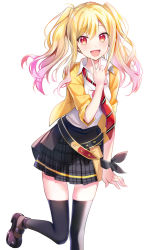 Rule 34 | 1girl, :d, belt, black belt, black footwear, black skirt, black thighhighs, blonde hair, blush, collared shirt, diagonal-striped clothes, diagonal-striped necktie, diagonal-striped neckwear, gradient hair, hair between eyes, hand up, highres, jacket, long hair, looking at viewer, multicolored hair, necktie, open clothes, open jacket, open mouth, pink hair, pleated skirt, project sekai, red eyes, red necktie, shirt, shoes, short sleeves, simple background, skirt, smile, solo, standing, standing on one leg, striped clothes, striped necktie, striped neckwear, tenma saki, thighhighs, twintails, v, white background, white shirt, yellow jacket, youta