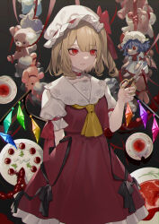 Rule 34 | 1girl, absurdres, animal ears, ascot, bags under eyes, black background, black ribbon, blonde hair, blue hair, bow, bowtie, cake, character doll, choker, closed mouth, collared shirt, commentary, crystal, cup, daimaou ruaeru, doll, dress, fingernails, flandre scarlet, food, frilled choker, frilled sleeves, frills, gradient background, grey dress, grey hat, grey shirt, hair between eyes, hand up, hat, hat bow, hat ribbon, highres, holding, holding scissors, jewelry, light, light brown hair, looking to the side, mob cap, multicolored wings, nail polish, one side up, pink nails, plate, puffy short sleeves, puffy sleeves, red ascot, red bow, red choker, red eyes, red footwear, red skirt, red vest, remilia scarlet, ribbon, scissors, shirt, shoes, short hair, short sleeves, skirt, skirt set, smile, solo, standing, stuffed animal, stuffed rabbit, stuffed toy, symbol-only commentary, teacup, teddy bear, touhou, vest, white hat, wings, yellow ascot
