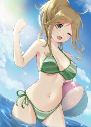 Rule 34 | 1girl, absurdres, ball, bare shoulders, beachball, bikini, blush, breasts, brown hair, cloud, collarbone, dot nose, fang, female focus, file112056, flesh fang, green eyes, highres, holding, holding ball, holding beachball, inuyama aoi, large breasts, legs, looking at viewer, navel, one eye closed, open mouth, outdoors, ponytail, sky, solo, sparkle, standing, striped bikini, striped clothes, swimsuit, water, wet, yurucamp