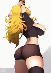 Rule 34 | 1girl, absurdres, ahoge, ass, bike shorts, black shirt, blonde hair, breasts, cleavage, curvy, from behind, highres, huge ass, large breasts, long hair, midriff, nachocobana, rwby, shirt, sideboob, signature, skindentation, solo, stretching, thighhighs, thighs, white background, wide hips, yang xiao long