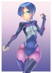 Rule 34 | 1girl, aqua eyes, blue background, blue hair, bodysuit, breasts, bridal gauntlets, gradient background, kazo (kazozakazo), leotard, pink background, purple thighhighs, ryss, short hair, small breasts, solo, thighhighs, wide hips, zoids, zoids chaotic century