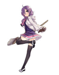 Rule 34 | 1girl, ahoge, aisha landar, bad id, bad pixiv id, black thighhighs, blush, broom, cardigan, elsword, full body, grey sweater, hair between eyes, highres, holding, holding broom, leg up, long hair, looking at viewer, miniskirt, open cardigan, open clothes, parted lips, pleated skirt, purple eyes, purple hair, purple skirt, simple background, sketch, skirt, solo, standing, standing on one leg, sweater, tama (tamatamo), thighhighs, white background