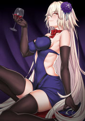 Rule 34 | 1girl, absurdres, alcohol, backless dress, backless outfit, bare shoulders, black gloves, black thighhighs, blonde hair, blue background, bow, bowtie, breasts, commentary request, covered erect nipples, covered navel, cup, dress, drinking glass, elbow gloves, fate/grand order, fate (series), from side, gloves, hair between eyes, hair ornament, highres, holding, holding cup, jeanne d&#039;arc (fate), jeanne d&#039;arc alter (avenger) (fate), jeanne d&#039;arc alter (fate), knee up, large breasts, long hair, looking at viewer, official alternate costume, parted lips, profile, red bow, red bowtie, sideways glance, sitting, solo, strapless, strapless dress, thighhighs, very long hair, wine, wine glass, yellow eyes, zettai ryouiki, zui ai shuang mawei