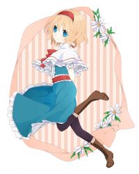 Rule 34 | 1girl, alice margatroid, arms behind back, black pantyhose, blue eyes, blush, boots, capelet, cross-laced footwear, female focus, flower, hairband, lace-up boots, pantyhose, solo, touhou, tsuno no hito