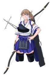Rule 34 | 1girl, absurdres, alternate costume, alternate hairstyle, black thighhighs, blue eyes, blue hakama, bow (weapon), breasts, brown gloves, cosplay, flight deck, gloves, hakama, hakama short skirt, hakama skirt, highres, holding, holding bow (weapon), holding weapon, intrepid (kancolle), japanese clothes, kaga (kancolle), kaga (kancolle) (cosplay), kantai collection, large breasts, light brown hair, long hair, muneate, one eye closed, partially fingerless gloves, partly fingerless gloves, short sidetail, side ponytail, single glove, skirt, smile, solo, sozan, standing, tasuki, thighhighs, weapon, yugake, yumi (bow)