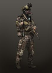 Rule 34 | 1boy, assault rifle, boots, camouflage, didloaded, explosive, grenade, gun, hand grenade, hat, headphones, helmet, highres, knee pads, less-than-lethal weapon, load bearing vest, m4 carbine, male focus, mask, military, military hat, military operator, military uniform, night-vision device, original, plague doctor mask, rifle, scope, simple background, smoke grenade, solo, trigger discipline, uniform, vertical forward grip, walkie-talkie, weapon, woodland camouflage
