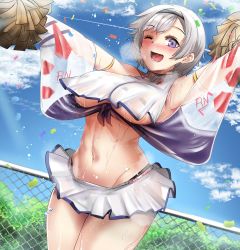 Rule 34 | 1girl, ;d, absurdres, anchor symbol, armlet, armpits, azur lane, bad id, bad pixiv id, bare shoulders, black bra, black hairband, black panties, blue sky, blush, bra, breasts, chain-link fence, cheerleader, cloud, commentary, confetti, cowboy shot, crop top, crop top overhang, day, dvdraw, fence, grey hair, groin, hairband, heavy breathing, highres, holding, holding pom poms, huge filesize, large breasts, looking at viewer, lower teeth only, midriff, miniskirt, navel, nose blush, one eye closed, open mouth, outdoors, outstretched arms, panties, pom pom (cheerleading), pom poms, purple eyes, purple sash, reno (azur lane), reno (biggest little cheerleader) (azur lane), sash, see-through, see-through skirt, short hair, sidelocks, skirt, sky, sleeveless, smile, solo, standing, sweat, teeth, tongue, tree, underboob, underwear, water drop