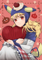 1girl absurdres animal_ears apron blonde_hair bow c-diamond cherry closed_mouth commentary_request creatures_(company) dragon_quest dragon_quest_ii fake_animal_ears fake_tail flower food frilled_apron frills fruit game_freak gen_1_pokemon heart heart-shaped_pillow heart-shaped_pupils highres holding holding_pillow knees_to_chest long_hair long_sleeves looking_at_viewer nintendo pikachu pikachu_ears pikachu_tail pillow plaid_apron plaid_clothes pokemon pokemon_tail princess_of_moonbrook purple_bow purple_hood red_background red_eyes robe sitting slime_(dragon_quest) smile solo symbol-shaped_pupils tail whipped_cream white_robe