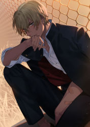 Rule 34 | 1boy, amuro tooru, bandaid, bandaid on arm, black jacket, black pants, blonde hair, blood, blood on face, blue eyes, blurry, buttons, chain-link fence, collared shirt, commentary request, depth of field, dress shirt, dutch angle, feet out of frame, fence, gakuran, hair between eyes, hand up, jacket, kanamura ren, looking at viewer, male focus, meitantei conan, nosebleed, on one knee, open clothes, open jacket, outdoors, pants, school uniform, shirt, short hair, solo, white shirt, wiping mouth