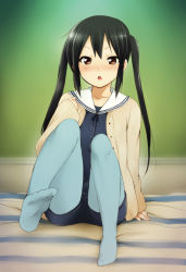 Rule 34 | 1girl, :&lt;, :o, aged down, black hair, blue pantyhose, blush, brown eyes, cardigan, collarbone, feet, jacket, k-on!, k-on! movie, kaiga, long hair, looking at viewer, nakano azusa, no shoes, open mouth, pantyhose, sailor collar, school uniform, sitting, solo, twintails