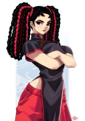 1girl absurdres black_dress black_hair china_dress chinese_clothes crossed_arms dreadlocks dress highres long_hair multicolored_hair original pants red_eyes red_hair red_pants short_sleeves side_slit signature solo tovio_rogers twintails two-tone_hair