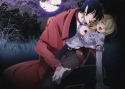 Rule 34 | 1boy, 1girl, alucard (hellsing), arm support, armband, bad id, bad pixiv id, belt, black hair, bleeding, blonde hair, blood, blue eyes, blush, breasts, cleavage, coat, dripping, covered erect nipples, fangs, formal, full moon, gloves, glowing, glowing eyes, grass, hellsing, highres, injury, long sleeves, medium breasts, misaka (missa), moon, name tag, necktie, night, night sky, no bra, no headwear, no headwear, open clothes, open mouth, open shirt, outdoors, overcoat, pants, pointy ears, police, police uniform, policewoman, red coat, saliva, seras victoria, shirt, short hair, sky, suit, tongue, tongue out, tree, trench coat, uniform, vampire, wince, yellow eyes