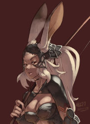 Rule 34 | 00s, 1girl, 2013, animal ears, armor, bow (weapon), breasts, cleavage, dark-skinned female, dark skin, dated, final fantasy, final fantasy xii, fran (ff12), highres, junkpuyo, large breasts, lips, long hair, nose, over shoulder, ponytail, rabbit ears, red eyes, simple background, solo, viera, weapon, weapon over shoulder, white hair