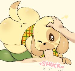 Rule 34 | 1boy, 1girl, :3, absurdres, all fours, animal crossing, animal ears, bare shoulders, blank eyes, blush, blush stickers, bottomless, brown eyes, clothed female nude male, dog ears, dog girl, dog tail, erection, fellatio, from above, furry, goldie (animal crossing), green thighhighs, hand on another&#039;s head, hand up, happy sex, heart, heart in eye, hetero, highres, interspecies, jpeg artifacts, looking at viewer, multicolored shirt, nintendo, nude, one eye closed, open mouth, oral, penis, plaid, plaid shirt, pov, saliva, shiny skin, shirt, simple background, skindentation, sleeveless, sleeveless shirt, solo focus, symbol in eye, tail, tanuk kun, thighhighs, uncensored, yellow background