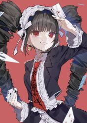 Rule 34 | 1girl, black hair, black nails, bonnet, card, celestia ludenberg, claw ring, danganronpa: trigger happy havoc, danganronpa (series), drill hair, earrings, frills, gothic lolita, highres, jacket, jewelry, lolita fashion, long hair, long sleeves, looking at viewer, luna (luna610), nail polish, necktie, playing card, red eyes, red necktie, shirt, smile, solo, twin drills, twintails