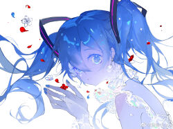 Rule 34 | 1girl, bare shoulders, blue eyes, blue hair, blue nails, chinese commentary, choker, commentary request, dangle earrings, dress, earrings, eyelashes, floating hair, flower, frilled dress, frills, gem, hair between eyes, hair ornament, hatsune miku, jewelry, lace, lace-trimmed dress, lace trim, light smile, long hair, nail polish, parted lips, petals, ring, simple background, sleeveless, sleeveless dress, solo, spaghetti strap, teeth, twintails, upper body, very long hair, vihua6, vocaloid, weibo watermark, white background, white choker, white dress, white flower, white wrist cuffs, wrist cuffs