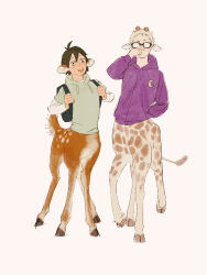 Rule 34 | 2boys, ahoge, animal ears, backpack, bag, black bag, black eyes, blonde hair, brown hair, centauroid, chengongzi123, closed mouth, commentary, deer boy, deer ears, deer tail, facing viewer, full body, giraffe boy, giraffe ears, giraffe horns, giraffe tail, glasses, green hoodie, haikyuu!!, hand in pocket, hand up, hands up, highres, hood, hood down, hoodie, hooves, horns, jacket, long sleeves, looking at viewer, male focus, monster boy, monsterification, multiple boys, open mouth, pink background, purple jacket, rubbing nose, short hair, simple background, standing, symbol-only commentary, tail, taur, tsukishima kei, very short hair, walking, yamaguchi tadashi