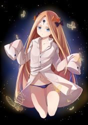 Rule 34 | 1girl, abigail williams (fate), black background, blonde hair, blue eyes, blush, bow, butterfly, chio kitsune, collarbone, commentary request, cropped legs, fate/grand order, fate (series), hair bow, head tilt, highres, long hair, long sleeves, looking at viewer, lowleg, lowleg panties, navel, open clothes, open shirt, orange bow, oversized clothes, panties, parted lips, polka dot, polka dot bow, purple bow, purple panties, shirt, sleeves past wrists, solo, underwear, very long hair, white shirt