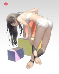 Rule 34 | 1girl, ass, black hair, feet, from behind, gradient background, grey background, long hair, looking back, lor968, no shoes, original, simple background, soles, solo, stirrup legwear, toeless legwear, toes, white background