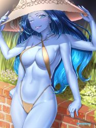 Rule 34 | 1girl, alternate breast size, alternate costume, artist name, bikini, blue eyes, blue hair, blue skin, breasts, brown hat, cloak, collarbone, colored skin, elden ring, etchimune, extra arms, extra faces, flower, groin, halterneck, hat, high-waist bikini, large breasts, long hair, navel, one eye closed, outdoors, parted lips, ranni the witch, shiny skin, skindentation, stomach, swimsuit, teeth, white flower, witch hat