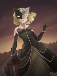 Rule 34 | 1girl, absurdres, bare shoulders, black dress, blonde hair, breasts, choker, dress, elbow gloves, gloves, guyca braves, highres, holding, holding sword, holding weapon, mahou shoujo madoka magica, mahou shoujo tart magica, mask, minou (madoka magica), short hair, solo, sword, weapon