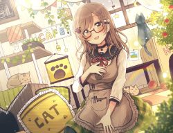 Rule 34 | 1girl, :d, animal, apron, black bow, black cat, black choker, blush, bow, braid, breasts, brown apron, brown eyes, brown hair, cat, checkered floor, choker, collarbone, collared shirt, commentary request, crescent, frilled pillow, frills, fringe trim, glasses, green skirt, hair bow, hand on own chest, hand up, highres, long hair, long sleeves, looking at viewer, medium breasts, open mouth, original, paw hair ornament, pennant, pillow, plaid, plaid pillow, plaid skirt, red-framed eyewear, red ribbon, ribbon, sakura oriko, semi-rimless eyewear, shirt, sitting, skirt, smile, solo, star (symbol), string of flags, table, under-rim eyewear, white bow, white shirt, window