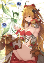 Rule 34 | 1girl, arm behind head, arm up, armor, armored boots, armored dress, bare shoulders, blonde hair, boots, bow, breasts, cleavage, closed mouth, clothing cutout, commentary request, gauntlets, granblue fantasy, hair bow, hair ornament, horns, legs up, long hair, luminiera (granblue fantasy), medium breasts, navel, navel cutout, ponytail, red eyes, sitting, smile, solo, suzuame yatsumi, thigh boots, thighhighs, very long hair, vira (granblue fantasy)