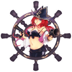 Rule 34 | 1girl, aiming, bad id, bad pixiv id, blue eyes, breasts, cleavage, dual wielding, gun, hat, holding, league of legends, long hair, midriff, navel, red hair, miss fortune (league of legends), solo, soul4444, steering wheel, weapon