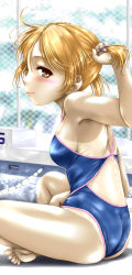 Rule 34 | 1girl, adjusting hair, atchy, barefoot, blonde hair, brown eyes, competition school swimsuit, competition swimsuit, highres, indian style, one-piece swimsuit, original, school swimsuit, short hair, side ponytail, sitting, solo, swimsuit, tan, tanline, tying hair