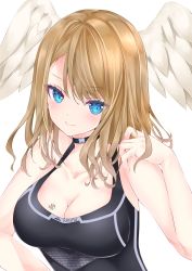 Rule 34 | 1girl, black camisole, blue eyes, breasts, brown hair, camisole, cleavage, closed mouth, commentary request, eunie (xenoblade), feathered wings, hair between eyes, hand up, head wings, highres, long hair, looking at viewer, medium breasts, nanase nao, parted bangs, simple background, smile, solo, upper body, white background, white wings, wings, xenoblade chronicles (series), xenoblade chronicles 3