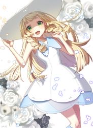 Rule 34 | 1girl, :d, absurdres, blonde hair, braid, collared dress, commentary, creatures (company), dress, eyelashes, flower, game freak, green eyes, hand on headwear, hands up, hat, highres, lillie (pokemon), long hair, looking at viewer, nintendo, open mouth, pokemon, pokemon sm, see-through, shi mohaji, sleeveless, sleeveless dress, smile, solo, sun hat, sundress, symbol-only commentary, tongue, twin braids