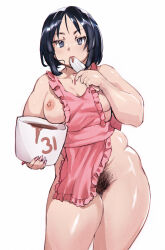 Rule 34 | 1girl, apron, apron aside, black hair, bowl, breasts, character request, chocolate, copyright request, female pubic hair, highres, holding, holding bowl, keigi, large breasts, mature female, naked apron, pink apron, pubic hair, short hair, solo, spatula