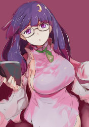 Rule 34 | 1girl, alternate costume, book, breasts, crescent, crescent hair ornament, crescent moon, glasses, hair ornament, highres, large breasts, moon, patchouli knowledge, purple background, purple eyes, purple hair, sideboob, touhou, v-shaped eyebrows, yohane