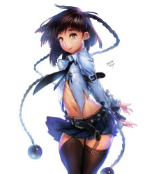 Rule 34 | 1girl, belt, belt skirt, brown hair, cowboy shot, highres, looking at viewer, miniskirt, navel, no bra, open clothes, open shirt, saejin oh, shirt, simple background, skirt, smile, solo, thighhighs, white background, yellow eyes, zettai ryouiki