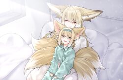 2girls :d ^_^ absurdres animal_ear_fluff animal_ears arknights blonde_hair blue_pajamas blue_pants blue_shirt braid closed_eyes closed_mouth collared_shirt commentary_request dress dress_shirt fox_ears fox_girl fox_tail green_eyes hair_between_eyes hair_rings highres kitsune light_brown_hair long_hair long_sleeves mother_and_daughter multiple_girls open_mouth pajamas pants pillow puffy_long_sleeves puffy_sleeves samip shirt sleeves_past_wrists smile suzuran_(arknights) tail twin_braids very_long_hair vulpisfoglia_(arknights) white_dress