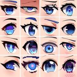Rule 34 | blue eyes, close-up, dayshiart, eye focus, heart, heart-shaped pupils, highres, looking at viewer, looking up, multiple style parody, multiple views, original, parody, pixel art, style parody, symbol-shaped pupils, v-shaped eyebrows