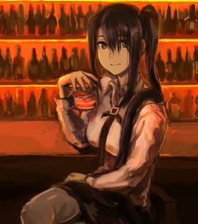 Rule 34 | 1girl, absurdres, alcohol, alternate costume, bar (place), black hair, black neckwear, black skirt, bottle, breasts, brown eyes, crossed legs, cup, elbow rest, grey pantyhose, hair between eyes, highres, holding, holding cup, kantai collection, long hair, long sleeves, looking at viewer, moor, nachi (kancolle), pantyhose, ponytail, shirt, side ponytail, sidelocks, sitting, skirt, solo, very long hair, white shirt