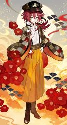 Rule 34 | 1boy, absurdres, boots, brown footwear, brown hat, closed mouth, collared shirt, commentary request, cross-laced footwear, dress shirt, flower, full body, genshin impact, gloves, green eyes, hair between eyes, hakama, hakama skirt, hand on own hip, hand up, hat, highres, holding, japanese clothes, juexing (moemoe3345), lace-up boots, long sleeves, looking at viewer, magnifying glass, open clothes, peaked cap, red flower, red hair, shikanoin heizou, shirt, skirt, smile, solo, standing, suspenders, white gloves, white shirt, wide sleeves, yellow hakama