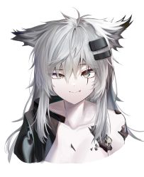 Rule 34 | 1girl, absurdres, animal ears, arknights, bare shoulders, collarbone, cropped torso, fang, fang out, grey eyes, hair between eyes, hair ornament, hairclip, highres, kuki panda (wkdwnsgk13), lappland (arknights), long hair, looking at viewer, material growth, oripathy lesion (arknights), scar, scar across eye, scar on face, silver hair, simple background, smile, solo, uneven eyes, upper body, white background, wolf ears