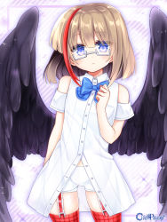 Rule 34 | 1girl, bare shoulders, black wings, blue bow, blue eyes, blush, bow, brown hair, chain paradox, character request, closed mouth, collared shirt, copyright name, diagonal stripes, dress shirt, feathered wings, garter straps, grey-framed eyewear, hair between eyes, looking at viewer, low wings, multicolored hair, red hair, red thighhighs, semi-rimless eyewear, shikito (yawa0w0), shirt, short shorts, short sleeves, shorts, sleeveless, sleeveless shirt, solo, streaked hair, striped, striped background, thighhighs, under-rim eyewear, white shirt, white shorts, wings