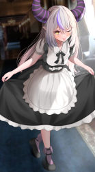 Rule 34 | 1girl, ;p, alternate costume, apron, black bow, black bowtie, black horns, black skirt, blush, bow, bowtie, demon girl, demon horns, enmaided, grey hair, highres, hololive, horns, kaju paint, la+ darknesss, long hair, long skirt, looking at viewer, maid, multicolored hair, one eye closed, pointy ears, puffy short sleeves, puffy sleeves, purple eyes, purple hair, purple horns, shirt, short sleeves, skirt, slit pupils, solo, streaked hair, striped horns, tongue, tongue out, virtual youtuber, waist apron, white apron, white shirt, yellow eyes