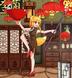 Rule 34 | 1girl, adapted costume, animal ears, asymmetrical hair, blonde hair, blush, bowl, brown dress, china dress, chinese clothes, commentary request, cookie (touhou), dress, fang, folding screen, food, fox ears, fox girl, fox tail, frilled dress, frills, full body, hair between eyes, high heels, highres, holding, holding bowl, holding pole, indoors, lantern, looking to the side, medium hair, miramikaru riran, omelet, open mouth, paper lantern, pole, red eyes, red footwear, rice bowl, shelf, sidelocks, sleeveless, sleeveless dress, smile, standing, standing on one leg, tail, tamagoyaki, teapot, yan pai