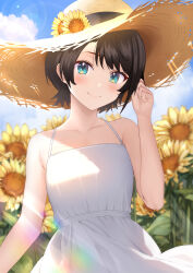 Rule 34 | 1girl, aqua eyes, bare arms, black hair, blurry, blurry background, blush, closed mouth, cloud, collarbone, commentary request, day, dress, flower, hat, hat flower, hego 0102, highres, hololive, looking at viewer, oozora subaru, outdoors, short hair, sky, smile, solo, straw hat, sun hat, sundress, sunflower, sunlight, upper body, virtual youtuber, white dress