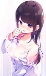 Rule 34 | 1girl, breasts, brown hair, chikuwa., collarbone, commentary request, digital thermometer, dress shirt, hand up, highres, large breasts, long hair, long sleeves, looking at viewer, no bra, off shoulder, open mouth, original, red eyes, school uniform, serafuku, shirt, sidelocks, solo, sweat, thermometer, very long hair, white shirt