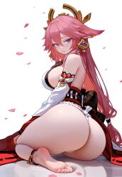 Rule 34 | 1girl, animal ears, artist request, ass, breasts, cherry blossoms, earrings, feet, fox ears, fox girl, fundoshi, genshin impact, hair ornament, highres, japanese clothes, jewelry, large breasts, long hair, looking at viewer, looking back, obi, pink hair, purple eyes, sash, sideboob, solo, tagme, white background, yae miko