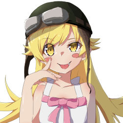 Rule 34 | 1girl, absurdres, bakemonogatari, bare shoulders, blonde hair, drawdream1025, fang, fang out, goggles, goggles on headwear, helmet, highres, long hair, monogatari (series), open mouth, oshino shinobu, simple background, smile, solo, white background, yellow eyes